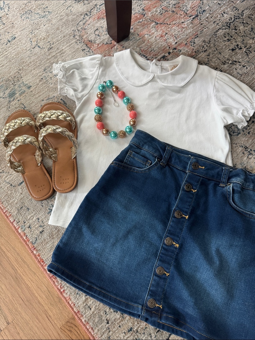 White Peter Pan Collar Top - Short Puff Sleeves and denim skirt